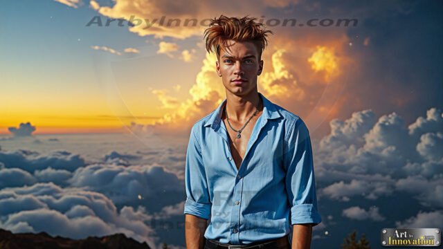 The Men of the Golden City is a collection of AI generated images of beautiful, glamorous, handsome guys in the heavens. The heavenly landscape evokes a sense of magnificence, the majestic gothic architecture, is detailed and crafted to create an atmosphere of reverence and divine glory. The mystical and galactic landscape highlights the golden city. The great detail of the city and the billowing clouds. A golden river flows from the city to the end of the galaxy. The vast galaxy almost covers the image. The stars and constellations sparkle in the galaxy. The city has massive, magnificent, majestic gothic architecture.