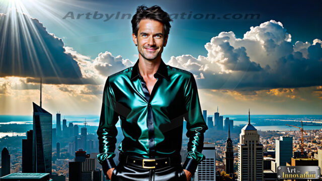 The Men of the Golden City is a collection of AI generated images of beautiful, glamorous, handsome guys in the heavens. The heavenly landscape evokes a sense of magnificence, the majestic gothic architecture, is detailed and crafted to create an atmosphere of reverence and divine glory. The mystical and galactic landscape highlights the golden city. The great detail of the city and the billowing clouds. A golden river flows from the city to the end of the galaxy. The vast galaxy almost covers the image. The stars and constellations sparkle in the galaxy. The city has massive, magnificent, majestic gothic architecture.