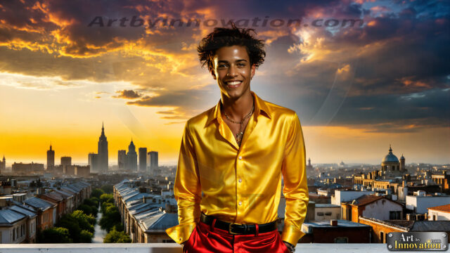 The Men of the Golden City is a collection of AI generated images of beautiful, glamorous, handsome guys in the heavens. The heavenly landscape evokes a sense of magnificence, the majestic gothic architecture, is detailed and crafted to create an atmosphere of reverence and divine glory. The mystical and galactic landscape highlights the golden city. The great detail of the city and the billowing clouds. A golden river flows from the city to the end of the galaxy. The vast galaxy almost covers the image. The stars and constellations sparkle in the galaxy. The city has massive, magnificent, majestic gothic architecture.