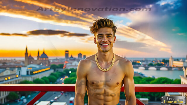 The Men of the Golden City is a collection of AI generated images of beautiful, glamorous, handsome guys in the heavens. The heavenly landscape evokes a sense of magnificence, the majestic gothic architecture, is detailed and crafted to create an atmosphere of reverence and divine glory. The mystical and galactic landscape highlights the golden city. The great detail of the city and the billowing clouds. A golden river flows from the city to the end of the galaxy. The vast galaxy almost covers the image. The stars and constellations sparkle in the galaxy. The city has massive, magnificent, majestic gothic architecture.