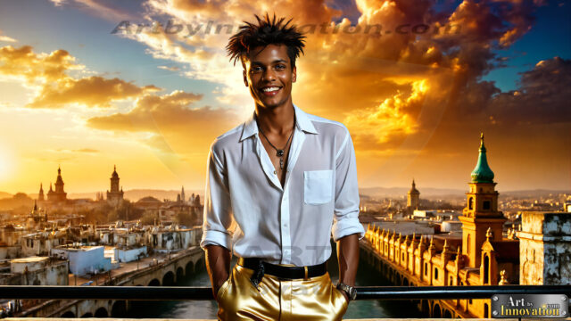 The Men of the Golden City is a collection of AI generated images of beautiful, glamorous, handsome guys in the heavens. The heavenly landscape evokes a sense of magnificence, the majestic gothic architecture, is detailed and crafted to create an atmosphere of reverence and divine glory. The mystical and galactic landscape highlights the golden city. The great detail of the city and the billowing clouds. A golden river flows from the city to the end of the galaxy. The vast galaxy almost covers the image. The stars and constellations sparkle in the galaxy. The city has massive, magnificent, majestic gothic architecture.