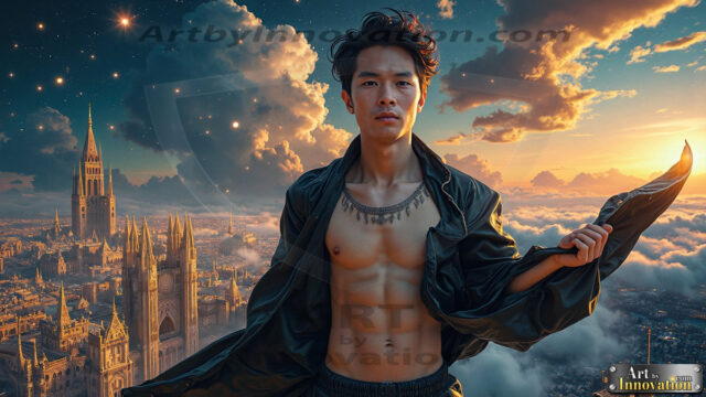 The Men of the Golden City is a collection of AI generated images of beautiful, glamorous, handsome guys in the heavens. The heavenly landscape evokes a sense of magnificence, the majestic gothic architecture, is detailed and crafted to create an atmosphere of reverence and divine glory. The mystical and galactic landscape highlights the golden city. The great detail of the city and the billowing clouds. A golden river flows from the city to the end of the galaxy. The vast galaxy almost covers the image. The stars and constellations sparkle in the galaxy. The city has massive, magnificent, majestic gothic architecture.