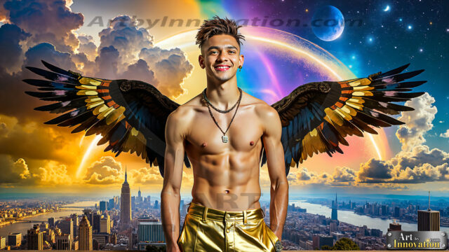 The Men of the Golden City is a collection of AI generated images of beautiful, glamorous, handsome guys in the heavens. The heavenly landscape evokes a sense of magnificence, the majestic gothic architecture, is detailed and crafted to create an atmosphere of reverence and divine glory. The mystical and galactic landscape highlights the golden city. The great detail of the city and the billowing clouds. A golden river flows from the city to the end of the galaxy. The vast galaxy almost covers the image. The stars and constellations sparkle in the galaxy. The city has massive, magnificent, majestic gothic architecture.
