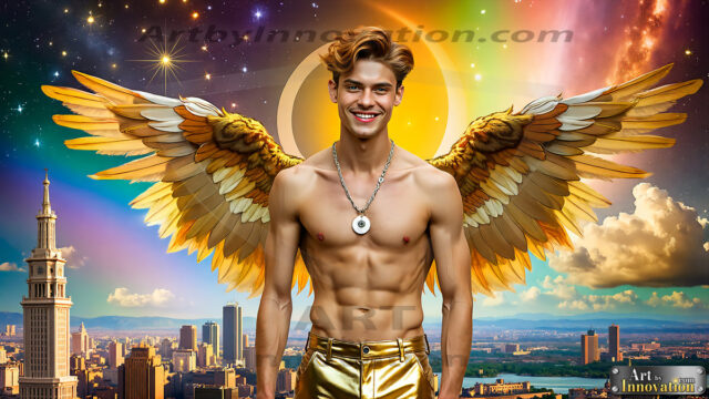 The Men of the Golden City is a collection of AI generated images of beautiful, glamorous, handsome guys in the heavens. The heavenly landscape evokes a sense of magnificence, the majestic gothic architecture, is detailed and crafted to create an atmosphere of reverence and divine glory. The mystical and galactic landscape highlights the golden city. The great detail of the city and the billowing clouds. A golden river flows from the city to the end of the galaxy. The vast galaxy almost covers the image. The stars and constellations sparkle in the galaxy. The city has massive, magnificent, majestic gothic architecture.