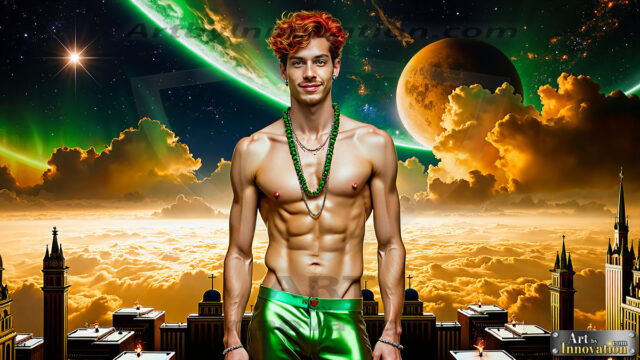 The Men of the Golden City is a collection of AI generated images of beautiful, glamorous, handsome guys in the heavens. The heavenly landscape evokes a sense of magnificence, the majestic gothic architecture, is detailed and crafted to create an atmosphere of reverence and divine glory. The mystical and galactic landscape highlights the golden city. The great detail of the city and the billowing clouds. A golden river flows from the city to the end of the galaxy. The vast galaxy almost covers the image. The stars and constellations sparkle in the galaxy. The city has massive, magnificent, majestic gothic architecture.