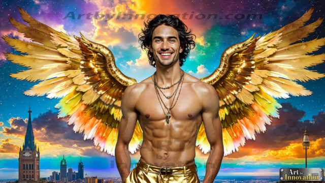 The Men of the Golden City is a collection of AI generated images of beautiful, glamorous, handsome guys in the heavens. The heavenly landscape evokes a sense of magnificence, the majestic gothic architecture, is detailed and crafted to create an atmosphere of reverence and divine glory. The mystical and galactic landscape highlights the golden city. The great detail of the city and the billowing clouds. A golden river flows from the city to the end of the galaxy. The vast galaxy almost covers the image. The stars and constellations sparkle in the galaxy. The city has massive, magnificent, majestic gothic architecture.