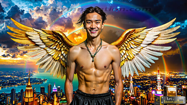 The Men of the Golden City is a collection of AI generated images of beautiful, glamorous, handsome guys in the heavens. The heavenly landscape evokes a sense of magnificence, the majestic gothic architecture, is detailed and crafted to create an atmosphere of reverence and divine glory. The mystical and galactic landscape highlights the golden city. The great detail of the city and the billowing clouds. A golden river flows from the city to the end of the galaxy. The vast galaxy almost covers the image. The stars and constellations sparkle in the galaxy. The city has massive, magnificent, majestic gothic architecture.