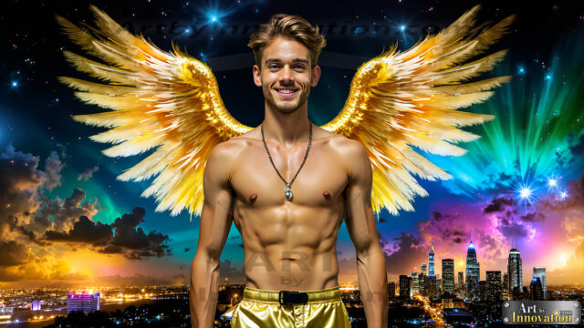 The Men of the Golden City is a collection of AI generated images of beautiful, glamorous, handsome guys in the heavens. The heavenly landscape evokes a sense of magnificence, the majestic gothic architecture, is detailed and crafted to create an atmosphere of reverence and divine glory. The mystical and galactic landscape highlights the golden city. The great detail of the city and the billowing clouds. A golden river flows from the city to the end of the galaxy. The vast galaxy almost covers the image. The stars and constellations sparkle in the galaxy. The city has massive, magnificent, majestic gothic architecture.