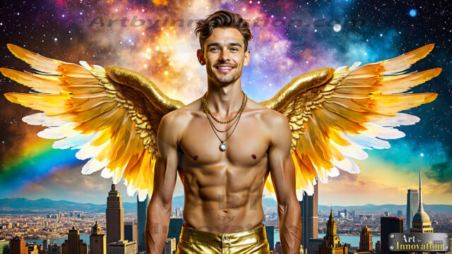 The Men of the Golden City is a collection of AI generated images of beautiful, glamorous, handsome guys in the heavens. The heavenly landscape evokes a sense of magnificence, the majestic gothic architecture, is detailed and crafted to create an atmosphere of reverence and divine glory. The mystical and galactic landscape highlights the golden city. The great detail of the city and the billowing clouds. A golden river flows from the city to the end of the galaxy. The vast galaxy almost covers the image. The stars and constellations sparkle in the galaxy. The city has massive, magnificent, majestic gothic architecture.