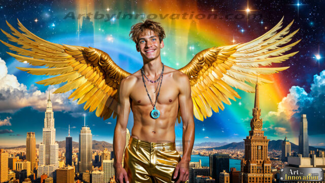 The Men of the Golden City is a collection of AI generated images of beautiful, glamorous, handsome guys in the heavens. The heavenly landscape evokes a sense of magnificence, the majestic gothic architecture, is detailed and crafted to create an atmosphere of reverence and divine glory. The mystical and galactic landscape highlights the golden city. The great detail of the city and the billowing clouds. A golden river flows from the city to the end of the galaxy. The vast galaxy almost covers the image. The stars and constellations sparkle in the galaxy. The city has massive, magnificent, majestic gothic architecture.