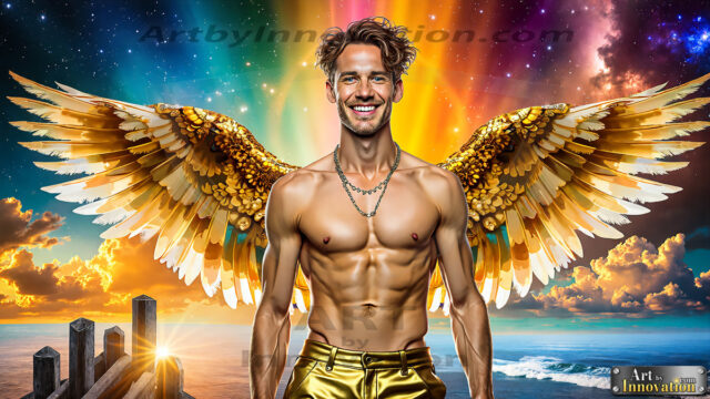 The Men of the Golden City is a collection of AI generated images of beautiful, glamorous, handsome guys in the heavens. The heavenly landscape evokes a sense of magnificence, the majestic gothic architecture, is detailed and crafted to create an atmosphere of reverence and divine glory. The mystical and galactic landscape highlights the golden city. The great detail of the city and the billowing clouds. A golden river flows from the city to the end of the galaxy. The vast galaxy almost covers the image. The stars and constellations sparkle in the galaxy. The city has massive, magnificent, majestic gothic architecture.