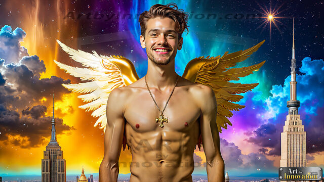 The Men of the Golden City is a collection of AI generated images of beautiful, glamorous, handsome guys in the heavens. The heavenly landscape evokes a sense of magnificence, the majestic gothic architecture, is detailed and crafted to create an atmosphere of reverence and divine glory. The mystical and galactic landscape highlights the golden city. The great detail of the city and the billowing clouds. A golden river flows from the city to the end of the galaxy. The vast galaxy almost covers the image. The stars and constellations sparkle in the galaxy. The city has massive, magnificent, majestic gothic architecture.