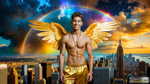 The Men of the Golden City is a collection of AI generated images of beautiful, glamorous, handsome guys in the heavens. The heavenly landscape evokes a sense of magnificence, the majestic gothic architecture, is detailed and crafted to create an atmosphere of reverence and divine glory. The mystical and galactic landscape highlights the golden city. The great detail of the city and the billowing clouds. A golden river flows from the city to the end of the galaxy. The vast galaxy almost covers the image. The stars and constellations sparkle in the galaxy. The city has massive, magnificent, majestic gothic architecture.
