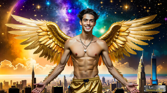 The Men of the Golden City is a collection of AI generated images of beautiful, glamorous, handsome guys in the heavens. The heavenly landscape evokes a sense of magnificence, the majestic gothic architecture, is detailed and crafted to create an atmosphere of reverence and divine glory. The mystical and galactic landscape highlights the golden city. The great detail of the city and the billowing clouds. A golden river flows from the city to the end of the galaxy. The vast galaxy almost covers the image. The stars and constellations sparkle in the galaxy. The city has massive, magnificent, majestic gothic architecture.