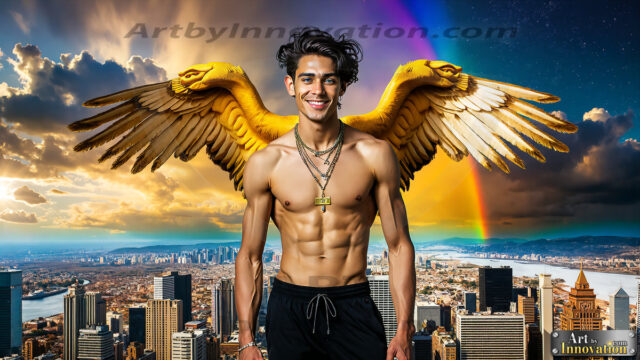 The Men of the Golden City is a collection of AI generated images of beautiful, glamorous, handsome guys in the heavens. The heavenly landscape evokes a sense of magnificence, the majestic gothic architecture, is detailed and crafted to create an atmosphere of reverence and divine glory. The mystical and galactic landscape highlights the golden city. The great detail of the city and the billowing clouds. A golden river flows from the city to the end of the galaxy. The vast galaxy almost covers the image. The stars and constellations sparkle in the galaxy. The city has massive, magnificent, majestic gothic architecture.