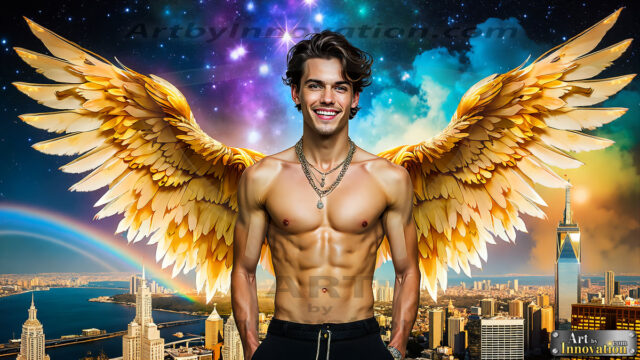 The Men of the Golden City is a collection of AI generated images of beautiful, glamorous, handsome guys in the heavens. The heavenly landscape evokes a sense of magnificence, the majestic gothic architecture, is detailed and crafted to create an atmosphere of reverence and divine glory. The mystical and galactic landscape highlights the golden city. The great detail of the city and the billowing clouds. A golden river flows from the city to the end of the galaxy. The vast galaxy almost covers the image. The stars and constellations sparkle in the galaxy. The city has massive, magnificent, majestic gothic architecture.