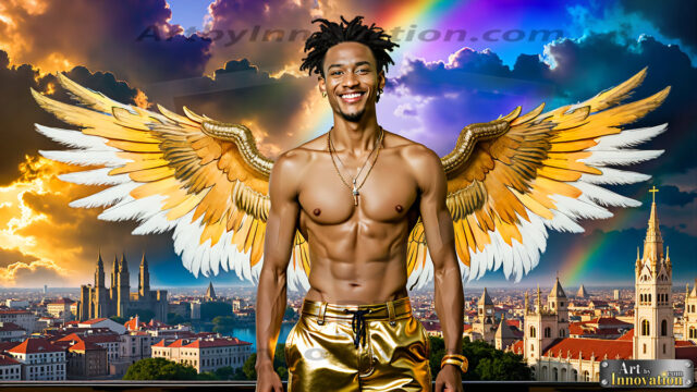 The Men of the Golden City is a collection of AI generated images of beautiful, glamorous, handsome guys in the heavens. The heavenly landscape evokes a sense of magnificence, the majestic gothic architecture, is detailed and crafted to create an atmosphere of reverence and divine glory. The mystical and galactic landscape highlights the golden city. The great detail of the city and the billowing clouds. A golden river flows from the city to the end of the galaxy. The vast galaxy almost covers the image. The stars and constellations sparkle in the galaxy. The city has massive, magnificent, majestic gothic architecture.