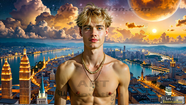 The Men of the Golden City is a collection of AI generated images of beautiful, glamorous, handsome guys in the heavens. The heavenly landscape evokes a sense of magnificence, the majestic gothic architecture, is detailed and crafted to create an atmosphere of reverence and divine glory. The mystical and galactic landscape highlights the golden city. The great detail of the city and the billowing clouds. A golden river flows from the city to the end of the galaxy. The vast galaxy almost covers the image. The stars and constellations sparkle in the galaxy. The city has massive, magnificent, majestic gothic architecture.