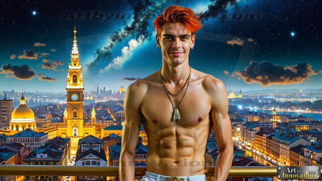 The Men of the Golden City is a collection of AI generated images of beautiful, glamorous, handsome guys in the heavens. The heavenly landscape evokes a sense of magnificence, the majestic gothic architecture, is detailed and crafted to create an atmosphere of reverence and divine glory. The mystical and galactic landscape highlights the golden city. The great detail of the city and the billowing clouds. A golden river flows from the city to the end of the galaxy. The vast galaxy almost covers the image. The stars and constellations sparkle in the galaxy. The city has massive, magnificent, majestic gothic architecture.