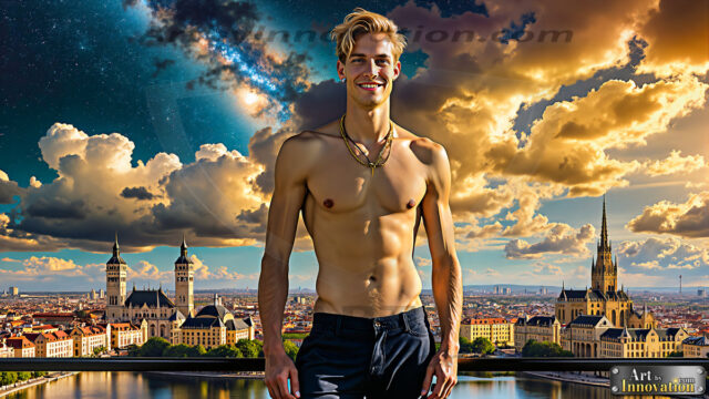 The Men of the Golden City is a collection of AI generated images of beautiful, glamorous, handsome guys in the heavens. The heavenly landscape evokes a sense of magnificence, the majestic gothic architecture, is detailed and crafted to create an atmosphere of reverence and divine glory. The mystical and galactic landscape highlights the golden city. The great detail of the city and the billowing clouds. A golden river flows from the city to the end of the galaxy. The vast galaxy almost covers the image. The stars and constellations sparkle in the galaxy. The city has massive, magnificent, majestic gothic architecture.