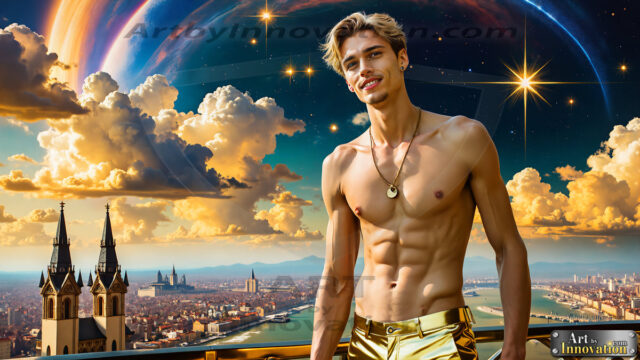 The Men of the Golden City is a collection of AI generated images of beautiful, glamorous, handsome guys in the heavens. The heavenly landscape evokes a sense of magnificence, the majestic gothic architecture, is detailed and crafted to create an atmosphere of reverence and divine glory. The mystical and galactic landscape highlights the golden city. The great detail of the city and the billowing clouds. A golden river flows from the city to the end of the galaxy. The vast galaxy almost covers the image. The stars and constellations sparkle in the galaxy. The city has massive, magnificent, majestic gothic architecture.