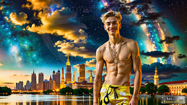 The Men of the Golden City is a collection of AI generated images of beautiful, glamorous, handsome guys in the heavens. The heavenly landscape evokes a sense of magnificence, the majestic gothic architecture, is detailed and crafted to create an atmosphere of reverence and divine glory. The mystical and galactic landscape highlights the golden city. The great detail of the city and the billowing clouds. A golden river flows from the city to the end of the galaxy. The vast galaxy almost covers the image. The stars and constellations sparkle in the galaxy. The city has massive, magnificent, majestic gothic architecture.