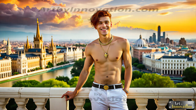 The Men of the Golden City is a collection of AI generated images of beautiful, glamorous, handsome guys in the heavens. The heavenly landscape evokes a sense of magnificence, the majestic gothic architecture, is detailed and crafted to create an atmosphere of reverence and divine glory. The mystical and galactic landscape highlights the golden city. The great detail of the city and the billowing clouds. A golden river flows from the city to the end of the galaxy. The vast galaxy almost covers the image. The stars and constellations sparkle in the galaxy. The city has massive, magnificent, majestic gothic architecture.