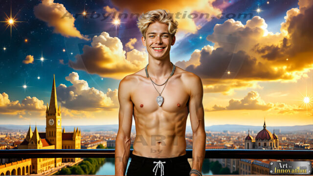 The Men of the Golden City is a collection of AI generated images of beautiful, glamorous, handsome guys in the heavens. The heavenly landscape evokes a sense of magnificence, the majestic gothic architecture, is detailed and crafted to create an atmosphere of reverence and divine glory. The mystical and galactic landscape highlights the golden city. The great detail of the city and the billowing clouds. A golden river flows from the city to the end of the galaxy. The vast galaxy almost covers the image. The stars and constellations sparkle in the galaxy. The city has massive, magnificent, majestic gothic architecture.