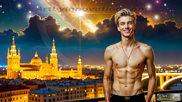 The Men of the Golden City is a collection of AI generated images of beautiful, glamorous, handsome guys in the heavens. The heavenly landscape evokes a sense of magnificence, the majestic gothic architecture, is detailed and crafted to create an atmosphere of reverence and divine glory. The mystical and galactic landscape highlights the golden city. The great detail of the city and the billowing clouds. A golden river flows from the city to the end of the galaxy. The vast galaxy almost covers the image. The stars and constellations sparkle in the galaxy. The city has massive, magnificent, majestic gothic architecture.
