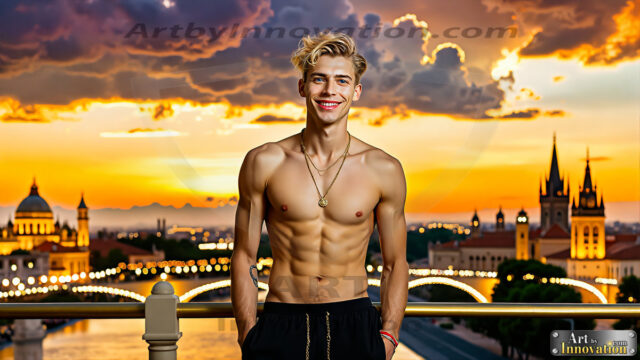 The Men of the Golden City is a collection of AI generated images of beautiful, glamorous, handsome guys in the heavens. The heavenly landscape evokes a sense of magnificence, the majestic gothic architecture, is detailed and crafted to create an atmosphere of reverence and divine glory. The mystical and galactic landscape highlights the golden city. The great detail of the city and the billowing clouds. A golden river flows from the city to the end of the galaxy. The vast galaxy almost covers the image. The stars and constellations sparkle in the galaxy. The city has massive, magnificent, majestic gothic architecture.