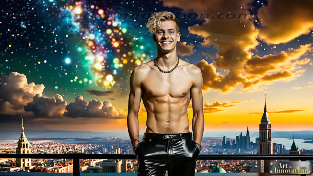 The Men of the Golden City is a collection of AI generated images of beautiful, glamorous, handsome guys in the heavens. The heavenly landscape evokes a sense of magnificence, the majestic gothic architecture, is detailed and crafted to create an atmosphere of reverence and divine glory. The mystical and galactic landscape highlights the golden city. The great detail of the city and the billowing clouds. A golden river flows from the city to the end of the galaxy. The vast galaxy almost covers the image. The stars and constellations sparkle in the galaxy. The city has massive, magnificent, majestic gothic architecture.