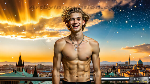 The Men of the Golden City is a collection of AI generated images of beautiful, glamorous, handsome guys in the heavens. The heavenly landscape evokes a sense of magnificence, the majestic gothic architecture, is detailed and crafted to create an atmosphere of reverence and divine glory. The mystical and galactic landscape highlights the golden city. The great detail of the city and the billowing clouds. A golden river flows from the city to the end of the galaxy. The vast galaxy almost covers the image. The stars and constellations sparkle in the galaxy. The city has massive, magnificent, majestic gothic architecture.