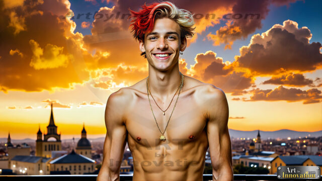 The Men of the Golden City is a collection of AI generated images of beautiful, glamorous, handsome guys in the heavens. The heavenly landscape evokes a sense of magnificence, the majestic gothic architecture, is detailed and crafted to create an atmosphere of reverence and divine glory. The mystical and galactic landscape highlights the golden city. The great detail of the city and the billowing clouds. A golden river flows from the city to the end of the galaxy. The vast galaxy almost covers the image. The stars and constellations sparkle in the galaxy. The city has massive, magnificent, majestic gothic architecture.