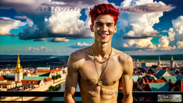 The Men of the Golden City is a collection of AI generated images of beautiful, glamorous, handsome guys in the heavens. The heavenly landscape evokes a sense of magnificence, the majestic gothic architecture, is detailed and crafted to create an atmosphere of reverence and divine glory. The mystical and galactic landscape highlights the golden city. The great detail of the city and the billowing clouds. A golden river flows from the city to the end of the galaxy. The vast galaxy almost covers the image. The stars and constellations sparkle in the galaxy. The city has massive, magnificent, majestic gothic architecture.