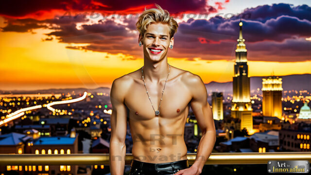 The Men of the Golden City is a collection of AI generated images of beautiful, glamorous, handsome guys in the heavens. The heavenly landscape evokes a sense of magnificence, the majestic gothic architecture, is detailed and crafted to create an atmosphere of reverence and divine glory. The mystical and galactic landscape highlights the golden city. The great detail of the city and the billowing clouds. A golden river flows from the city to the end of the galaxy. The vast galaxy almost covers the image. The stars and constellations sparkle in the galaxy. The city has massive, magnificent, majestic gothic architecture.