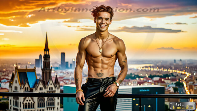The Men of the Golden City is a collection of AI generated images of beautiful, glamorous, handsome guys in the heavens. The heavenly landscape evokes a sense of magnificence, the majestic gothic architecture, is detailed and crafted to create an atmosphere of reverence and divine glory. The mystical and galactic landscape highlights the golden city. The great detail of the city and the billowing clouds. A golden river flows from the city to the end of the galaxy. The vast galaxy almost covers the image. The stars and constellations sparkle in the galaxy. The city has massive, magnificent, majestic gothic architecture.