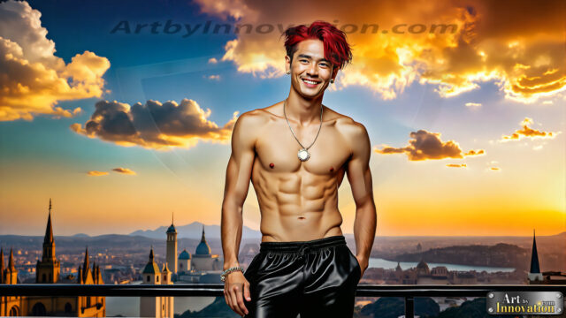 The Men of the Golden City is a collection of AI generated images of beautiful, glamorous, handsome guys in the heavens. The heavenly landscape evokes a sense of magnificence, the majestic gothic architecture, is detailed and crafted to create an atmosphere of reverence and divine glory. The mystical and galactic landscape highlights the golden city. The great detail of the city and the billowing clouds. A golden river flows from the city to the end of the galaxy. The vast galaxy almost covers the image. The stars and constellations sparkle in the galaxy. The city has massive, magnificent, majestic gothic architecture.