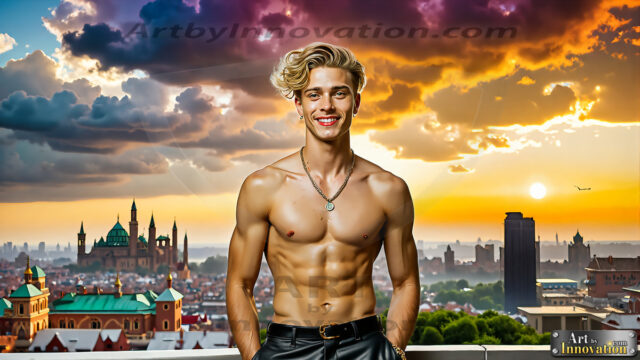 The Men of the Golden City is a collection of AI generated images of beautiful, glamorous, handsome guys in the heavens. The heavenly landscape evokes a sense of magnificence, the majestic gothic architecture, is detailed and crafted to create an atmosphere of reverence and divine glory. The mystical and galactic landscape highlights the golden city. The great detail of the city and the billowing clouds. A golden river flows from the city to the end of the galaxy. The vast galaxy almost covers the image. The stars and constellations sparkle in the galaxy. The city has massive, magnificent, majestic gothic architecture.