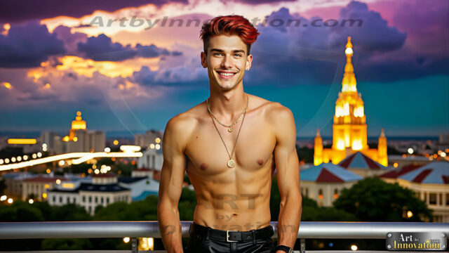 The Men of the Golden City is a collection of AI generated images of beautiful, glamorous, handsome guys in the heavens. The heavenly landscape evokes a sense of magnificence, the majestic gothic architecture, is detailed and crafted to create an atmosphere of reverence and divine glory. The mystical and galactic landscape highlights the golden city. The great detail of the city and the billowing clouds. A golden river flows from the city to the end of the galaxy. The vast galaxy almost covers the image. The stars and constellations sparkle in the galaxy. The city has massive, magnificent, majestic gothic architecture.