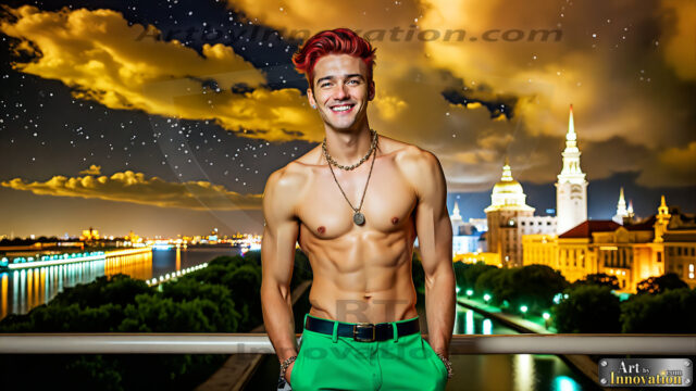 The Men of the Golden City is a collection of AI generated images of beautiful, glamorous, handsome guys in the heavens. The heavenly landscape evokes a sense of magnificence, the majestic gothic architecture, is detailed and crafted to create an atmosphere of reverence and divine glory. The mystical and galactic landscape highlights the golden city. The great detail of the city and the billowing clouds. A golden river flows from the city to the end of the galaxy. The vast galaxy almost covers the image. The stars and constellations sparkle in the galaxy. The city has massive, magnificent, majestic gothic architecture.