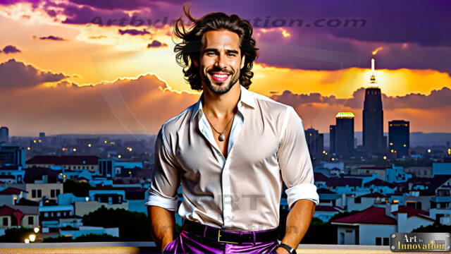 The Men of the Golden City is a collection of AI generated images of beautiful, glamorous, handsome guys in the heavens. The heavenly landscape evokes a sense of magnificence, the majestic gothic architecture, is detailed and crafted to create an atmosphere of reverence and divine glory. The mystical and galactic landscape highlights the golden city. The great detail of the city and the billowing clouds. A golden river flows from the city to the end of the galaxy. The vast galaxy almost covers the image. The stars and constellations sparkle in the galaxy. The city has massive, magnificent, majestic gothic architecture.