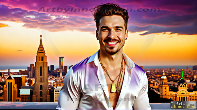 The Men of the Golden City is a collection of AI generated images of beautiful, glamorous, handsome guys in the heavens. The heavenly landscape evokes a sense of magnificence, the majestic gothic architecture, is detailed and crafted to create an atmosphere of reverence and divine glory. The mystical and galactic landscape highlights the golden city. The great detail of the city and the billowing clouds. A golden river flows from the city to the end of the galaxy. The vast galaxy almost covers the image. The stars and constellations sparkle in the galaxy. The city has massive, magnificent, majestic gothic architecture.