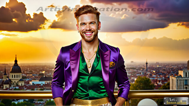 The Men of the Golden City is a collection of AI generated images of beautiful, glamorous, handsome guys in the heavens. The heavenly landscape evokes a sense of magnificence, the majestic gothic architecture, is detailed and crafted to create an atmosphere of reverence and divine glory. The mystical and galactic landscape highlights the golden city. The great detail of the city and the billowing clouds. A golden river flows from the city to the end of the galaxy. The vast galaxy almost covers the image. The stars and constellations sparkle in the galaxy. The city has massive, magnificent, majestic gothic architecture.