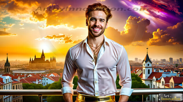 The Men of the Golden City is a collection of AI generated images of beautiful, glamorous, handsome guys in the heavens. The heavenly landscape evokes a sense of magnificence, the majestic gothic architecture, is detailed and crafted to create an atmosphere of reverence and divine glory. The mystical and galactic landscape highlights the golden city. The great detail of the city and the billowing clouds. A golden river flows from the city to the end of the galaxy. The vast galaxy almost covers the image. The stars and constellations sparkle in the galaxy. The city has massive, magnificent, majestic gothic architecture.