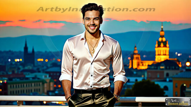 The Men of the Golden City is a collection of AI generated images of beautiful, glamorous, handsome guys in the heavens. The heavenly landscape evokes a sense of magnificence, the majestic gothic architecture, is detailed and crafted to create an atmosphere of reverence and divine glory. The mystical and galactic landscape highlights the golden city. The great detail of the city and the billowing clouds. A golden river flows from the city to the end of the galaxy. The vast galaxy almost covers the image. The stars and constellations sparkle in the galaxy. The city has massive, magnificent, majestic gothic architecture.
