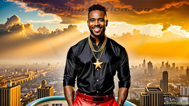 The Men of the Golden City is a collection of AI generated images of beautiful, glamorous, handsome guys in the heavens. The heavenly landscape evokes a sense of magnificence, the majestic gothic architecture, is detailed and crafted to create an atmosphere of reverence and divine glory. The mystical and galactic landscape highlights the golden city. The great detail of the city and the billowing clouds. A golden river flows from the city to the end of the galaxy. The vast galaxy almost covers the image. The stars and constellations sparkle in the galaxy. The city has massive, magnificent, majestic gothic architecture.