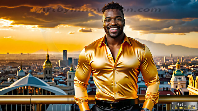 The Men of the Golden City is a collection of AI generated images of beautiful, glamorous, handsome guys in the heavens. The heavenly landscape evokes a sense of magnificence, the majestic gothic architecture, is detailed and crafted to create an atmosphere of reverence and divine glory. The mystical and galactic landscape highlights the golden city. The great detail of the city and the billowing clouds. A golden river flows from the city to the end of the galaxy. The vast galaxy almost covers the image. The stars and constellations sparkle in the galaxy. The city has massive, magnificent, majestic gothic architecture.