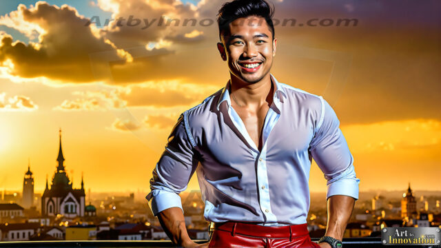 The Men of the Golden City is a collection of AI generated images of beautiful, glamorous, handsome guys in the heavens. The heavenly landscape evokes a sense of magnificence, the majestic gothic architecture, is detailed and crafted to create an atmosphere of reverence and divine glory. The mystical and galactic landscape highlights the golden city. The great detail of the city and the billowing clouds. A golden river flows from the city to the end of the galaxy. The vast galaxy almost covers the image. The stars and constellations sparkle in the galaxy. The city has massive, magnificent, majestic gothic architecture.