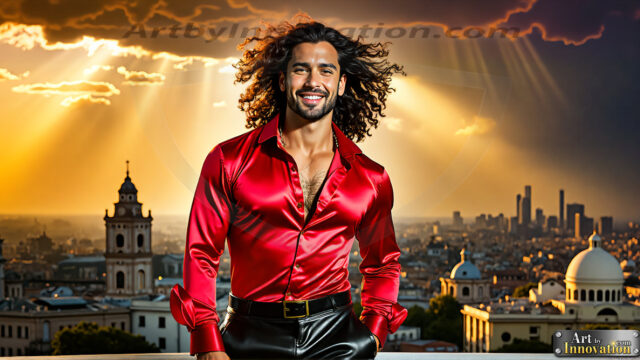 The Men of the Golden City is a collection of AI generated images of beautiful, glamorous, handsome guys in the heavens. The heavenly landscape evokes a sense of magnificence, the majestic gothic architecture, is detailed and crafted to create an atmosphere of reverence and divine glory. The mystical and galactic landscape highlights the golden city. The great detail of the city and the billowing clouds. A golden river flows from the city to the end of the galaxy. The vast galaxy almost covers the image. The stars and constellations sparkle in the galaxy. The city has massive, magnificent, majestic gothic architecture.