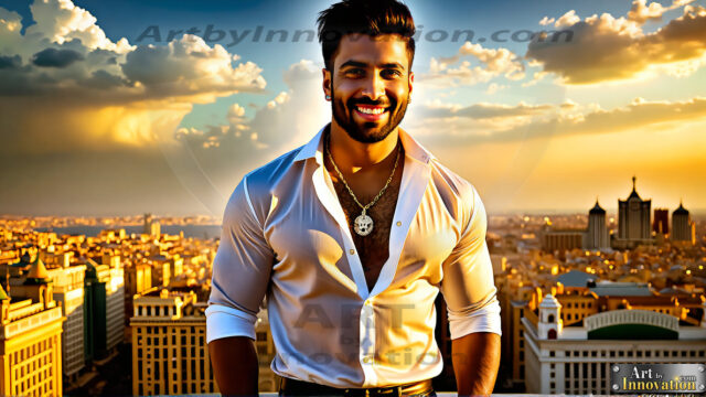 The Men of the Golden City is a collection of AI generated images of beautiful, glamorous, handsome guys in the heavens. The heavenly landscape evokes a sense of magnificence, the majestic gothic architecture, is detailed and crafted to create an atmosphere of reverence and divine glory. The mystical and galactic landscape highlights the golden city. The great detail of the city and the billowing clouds. A golden river flows from the city to the end of the galaxy. The vast galaxy almost covers the image. The stars and constellations sparkle in the galaxy. The city has massive, magnificent, majestic gothic architecture.